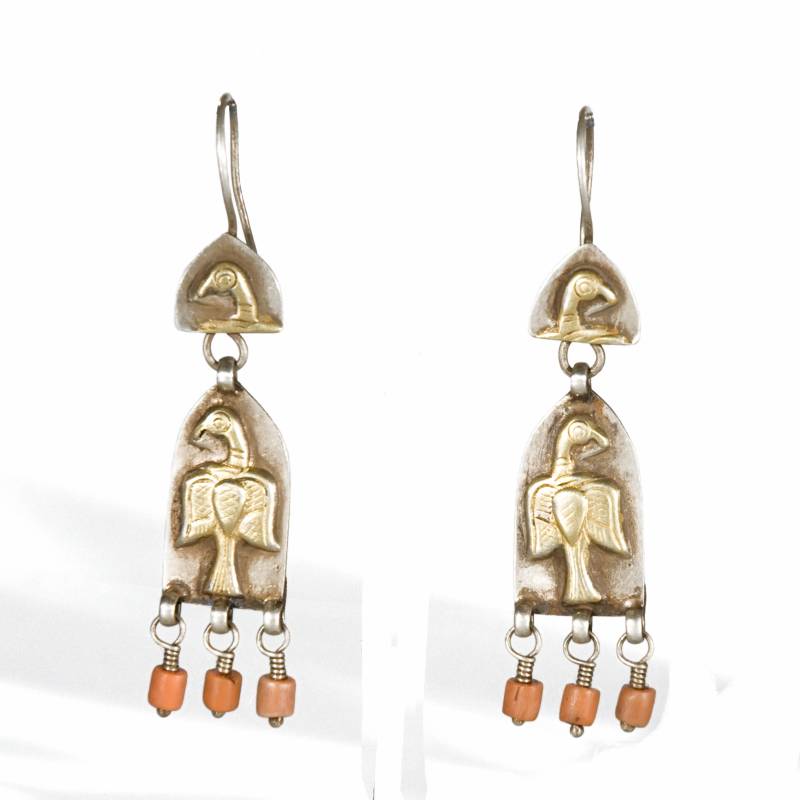 Orecchini turkmeni in argento, corallo e oro a caldo