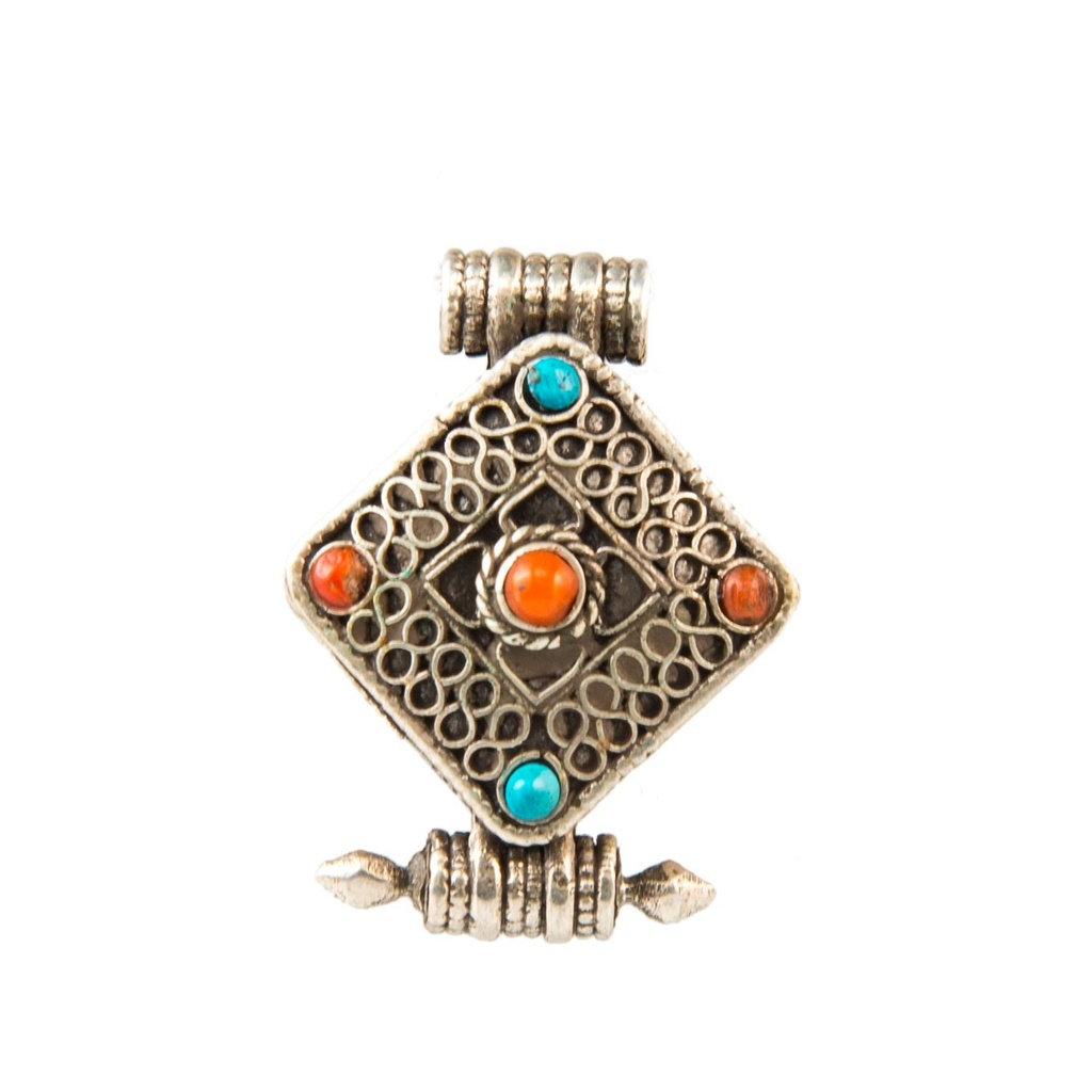 Pendente ghau in argento, turchese e corallo