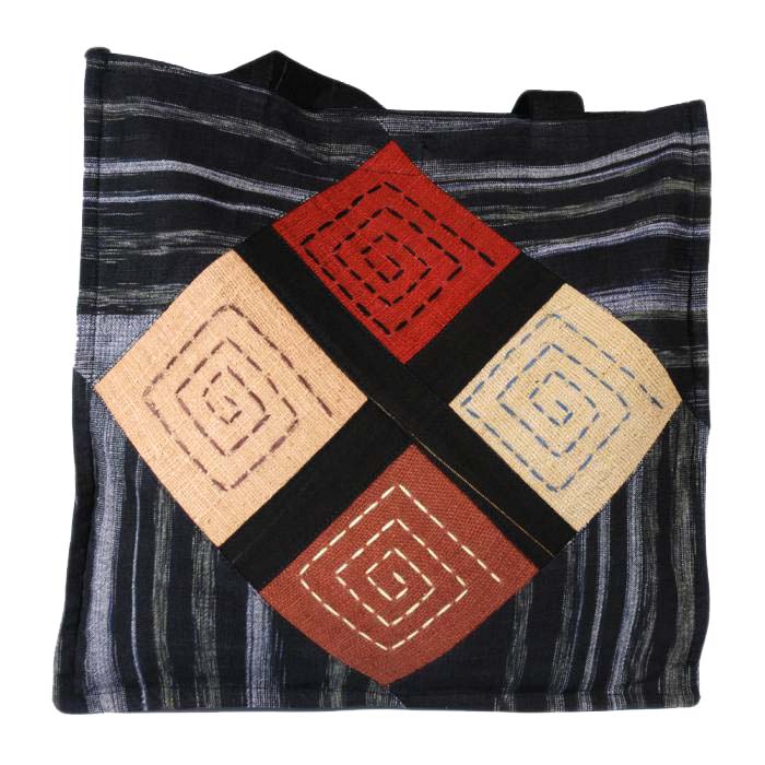 [EL_000278C] Borsa thailandese in cotone tessuto a mano nera e grigia