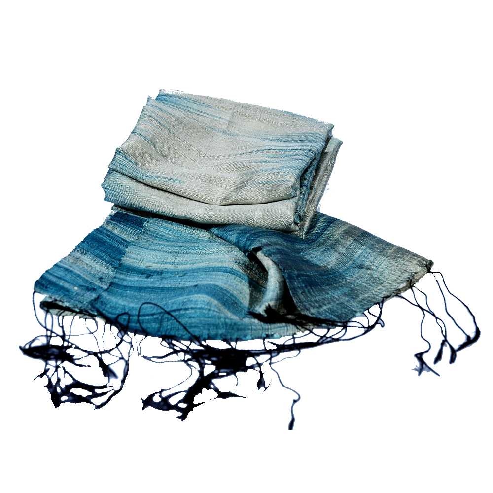 [EL_000495] Sciarpa in seta grezza con motivo centrale turchese