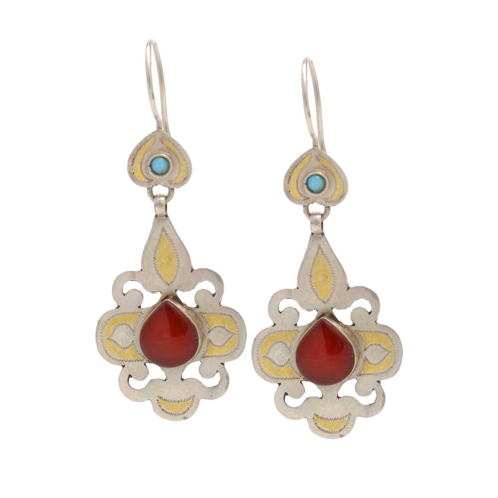 [EL_000130] Orecchini turkmeni in argento, corniole e turchesi