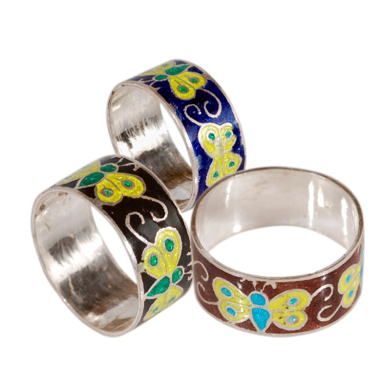 Anello in argento smaltato con farfalle